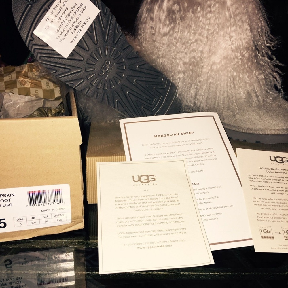 Ugg Mongolian sheep boots authentic 
Brand new in box
Size 5 
Gray